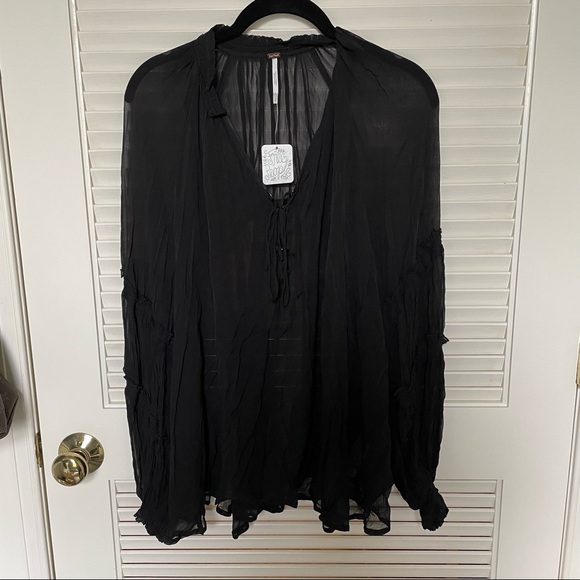 Free People Tops - NWT Free People sheer black top with lace-up tie at neckline